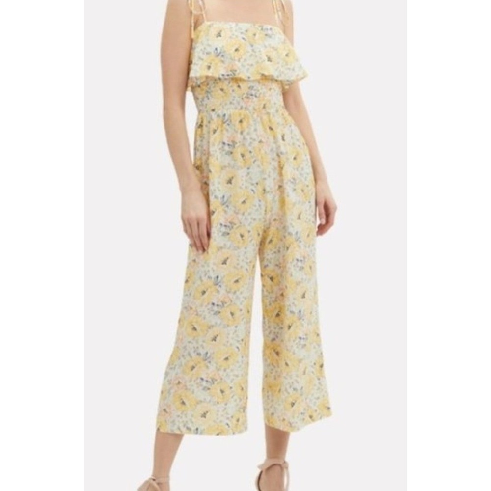 Intermix Silk Eliza Floral Jumpsuit Yellow Smocked Wide Leg Crop Small